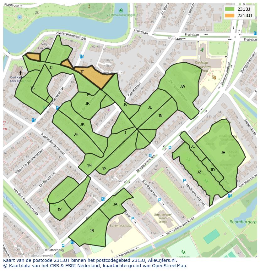 Afbeelding van het postcodegebied 2313 JT op de kaart.