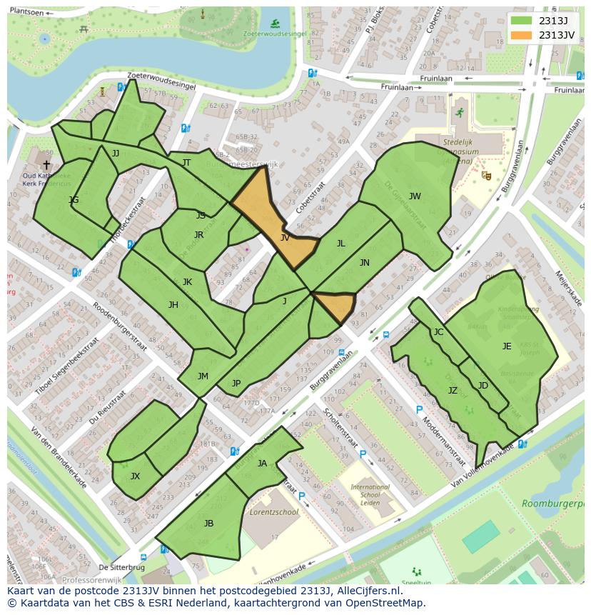 Afbeelding van het postcodegebied 2313 JV op de kaart.