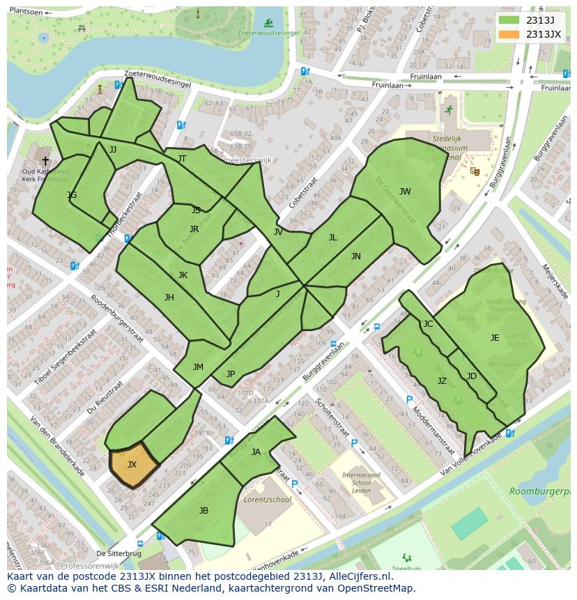 Afbeelding van het postcodegebied 2313 JX op de kaart.