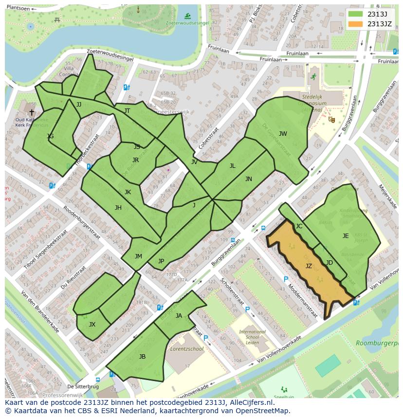 Afbeelding van het postcodegebied 2313 JZ op de kaart.