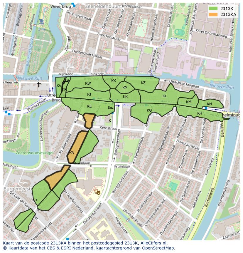 Afbeelding van het postcodegebied 2313 KA op de kaart.