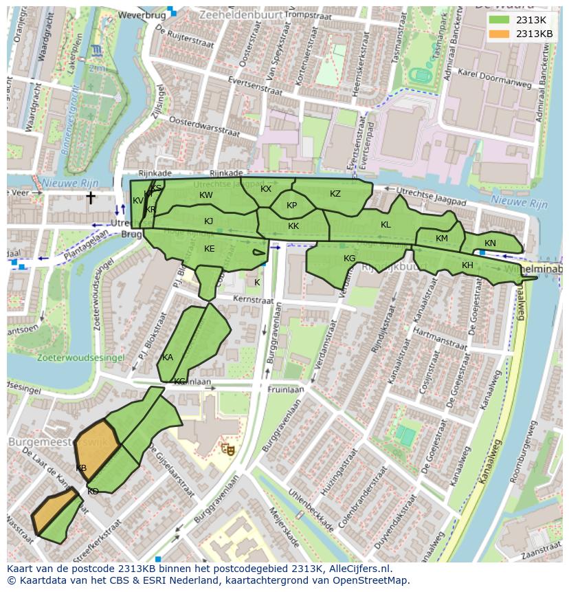 Afbeelding van het postcodegebied 2313 KB op de kaart.
