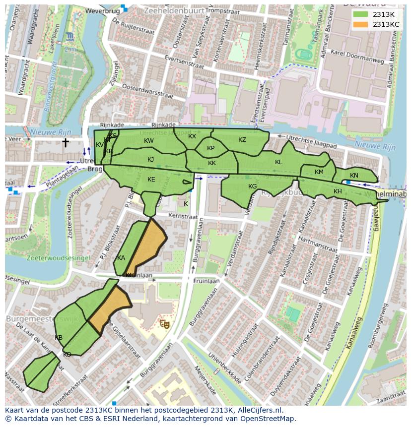 Afbeelding van het postcodegebied 2313 KC op de kaart.