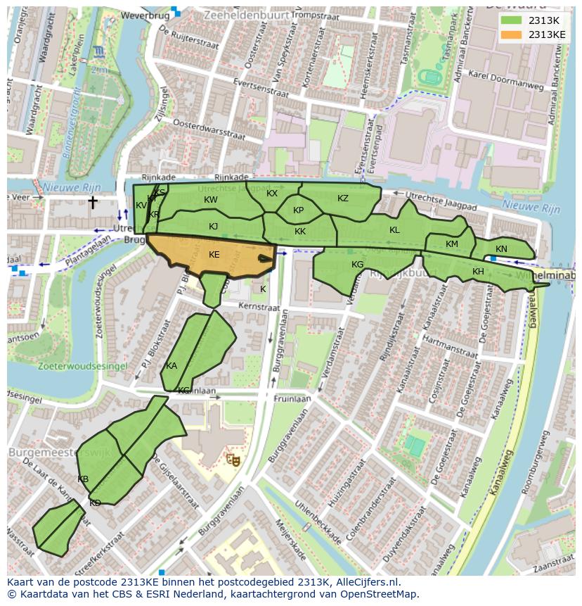 Afbeelding van het postcodegebied 2313 KE op de kaart.