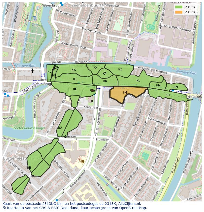 Afbeelding van het postcodegebied 2313 KG op de kaart.