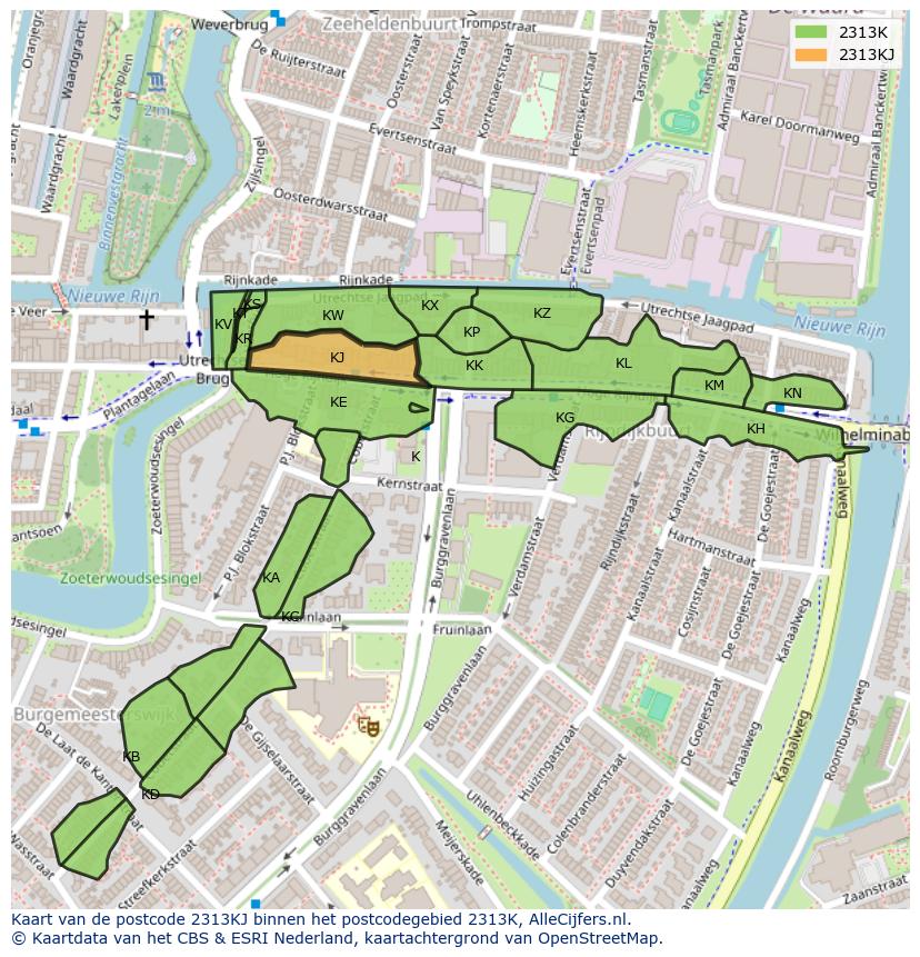 Afbeelding van het postcodegebied 2313 KJ op de kaart.