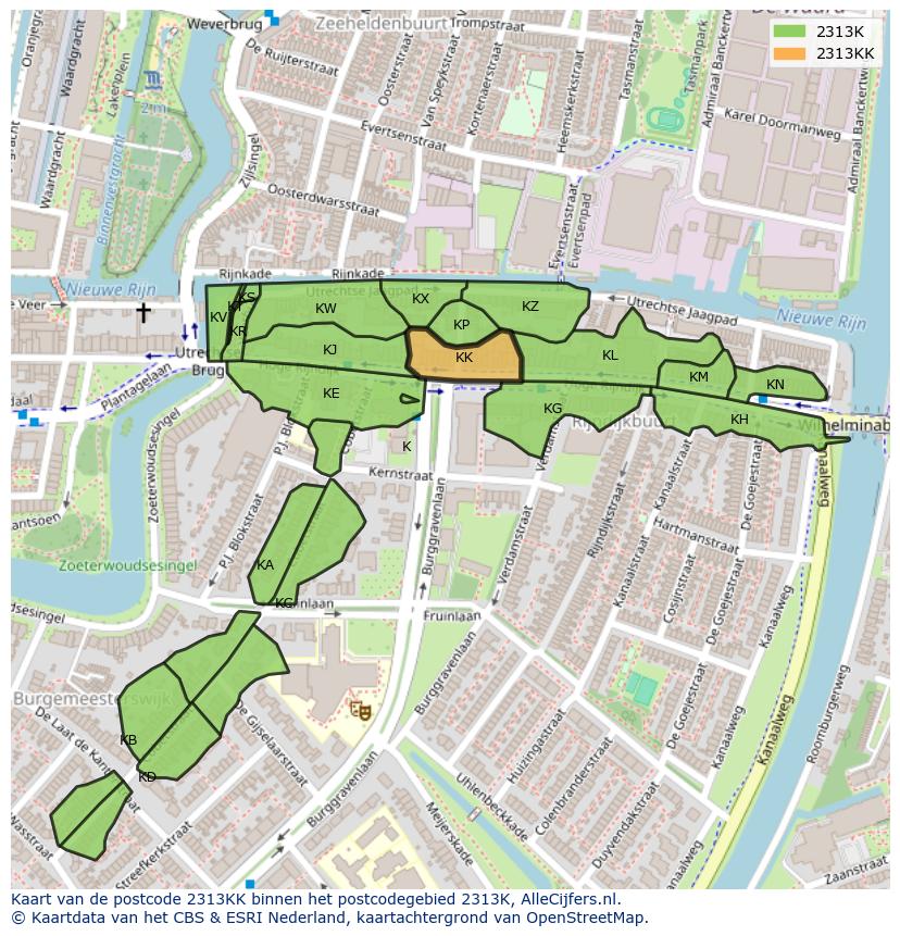 Afbeelding van het postcodegebied 2313 KK op de kaart.