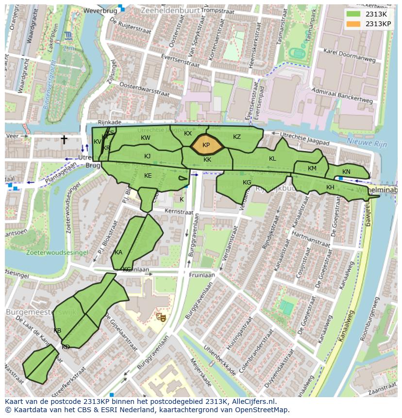 Afbeelding van het postcodegebied 2313 KP op de kaart.