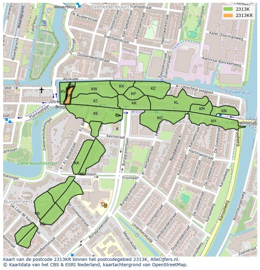 Afbeelding van het postcodegebied 2313 KR op de kaart.