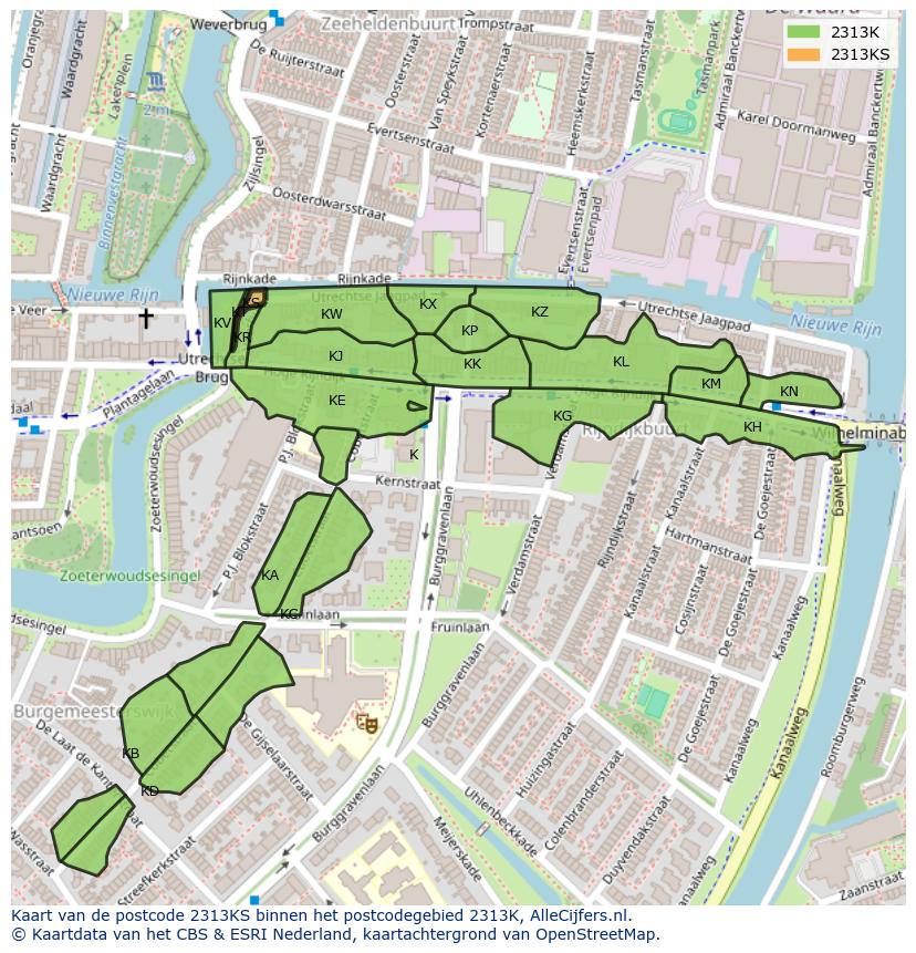 Afbeelding van het postcodegebied 2313 KS op de kaart.