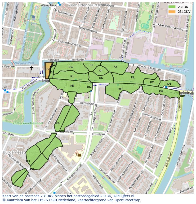 Afbeelding van het postcodegebied 2313 KV op de kaart.