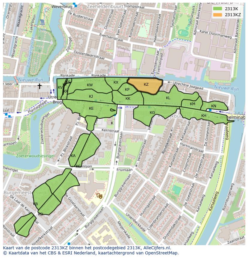 Afbeelding van het postcodegebied 2313 KZ op de kaart.