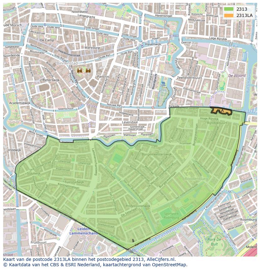 Afbeelding van het postcodegebied 2313 LA op de kaart.