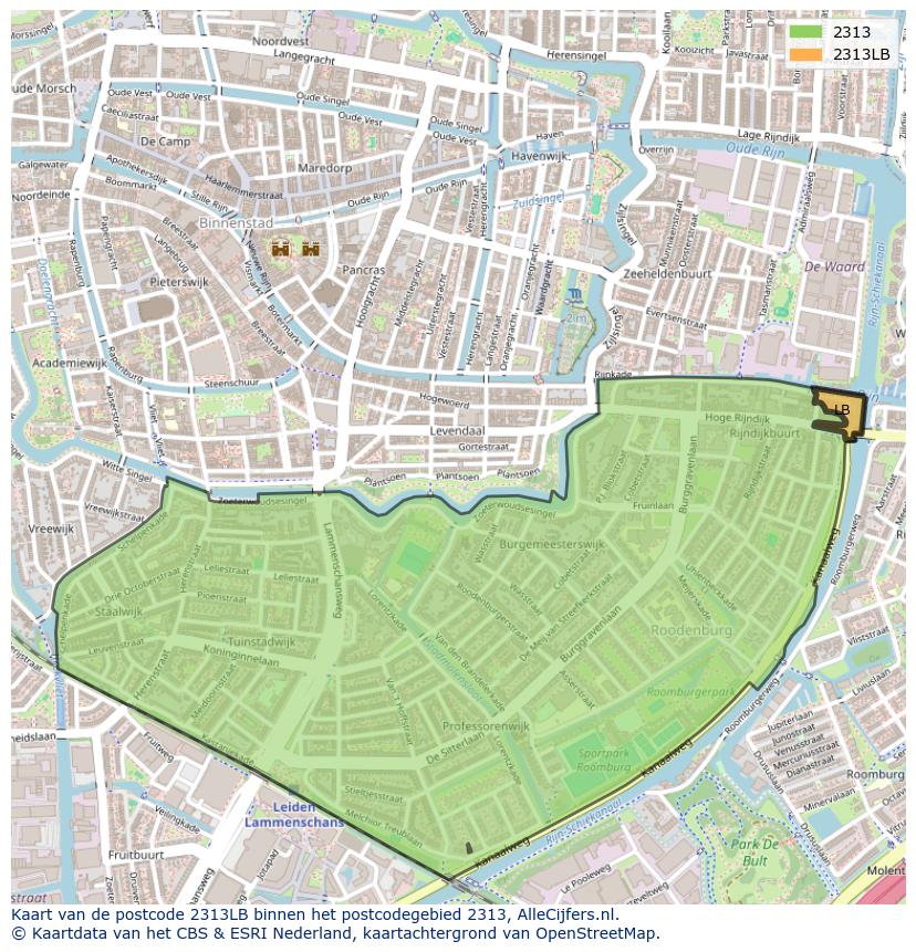 Afbeelding van het postcodegebied 2313 LB op de kaart.
