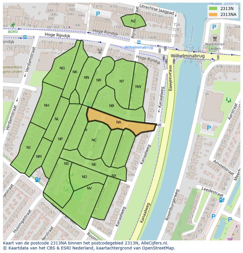 Afbeelding van het postcodegebied 2313 NA op de kaart.