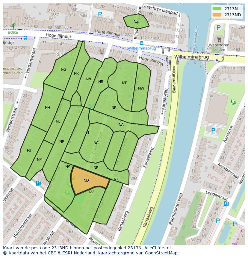 Afbeelding van het postcodegebied 2313 ND op de kaart.