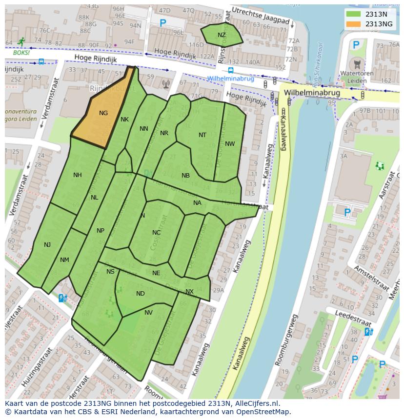 Afbeelding van het postcodegebied 2313 NG op de kaart.