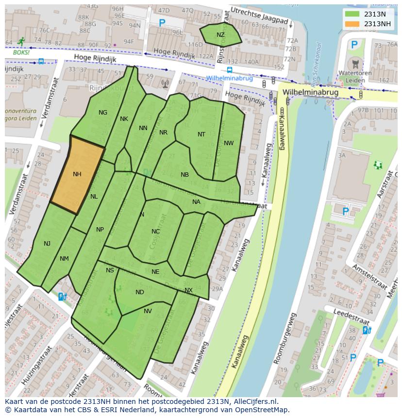 Afbeelding van het postcodegebied 2313 NH op de kaart.