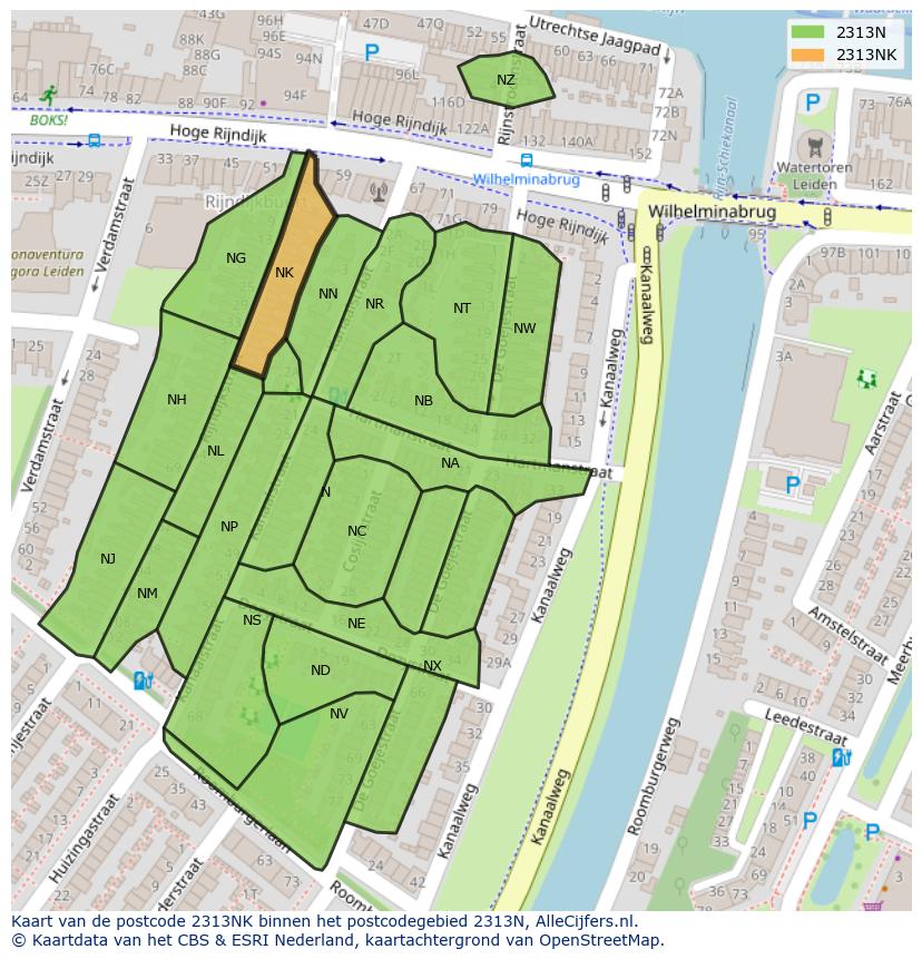 Afbeelding van het postcodegebied 2313 NK op de kaart.