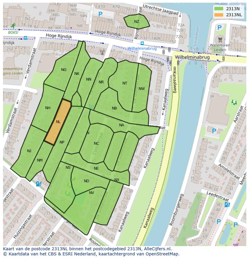 Afbeelding van het postcodegebied 2313 NL op de kaart.