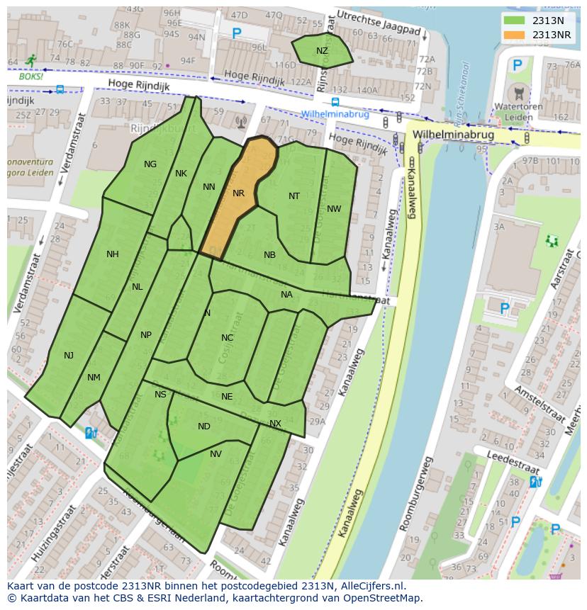 Afbeelding van het postcodegebied 2313 NR op de kaart.