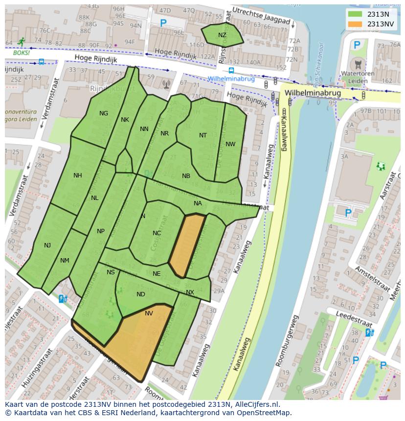 Afbeelding van het postcodegebied 2313 NV op de kaart.