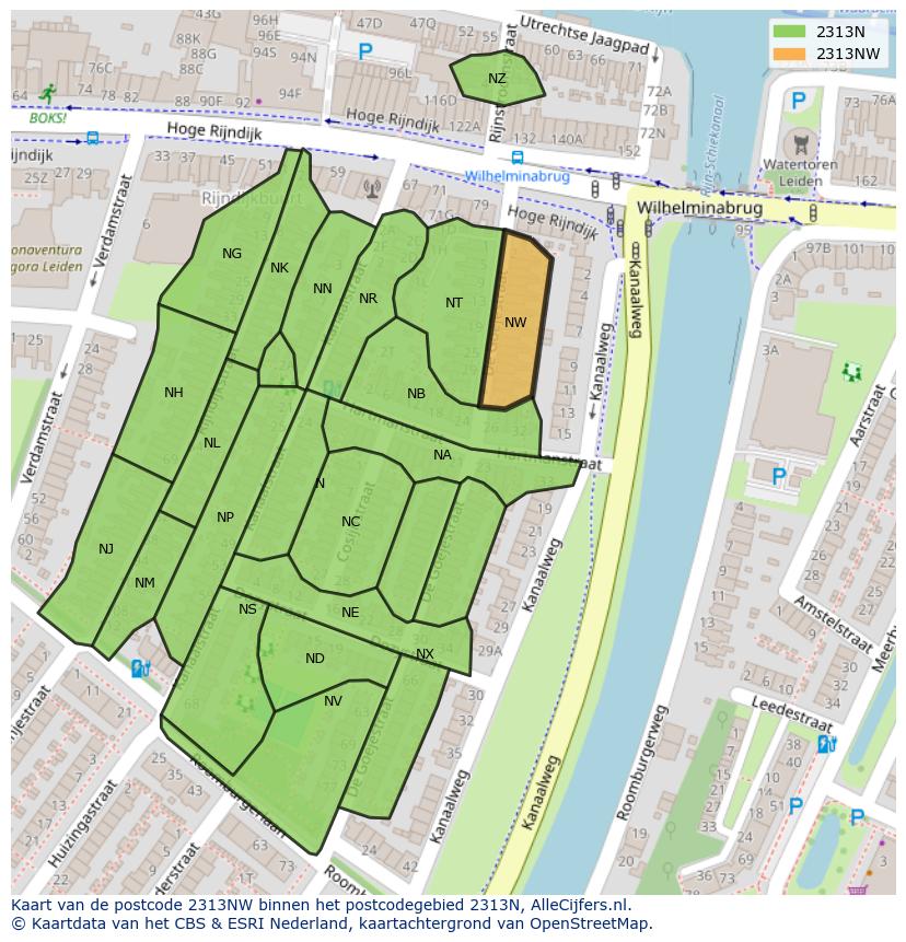 Afbeelding van het postcodegebied 2313 NW op de kaart.