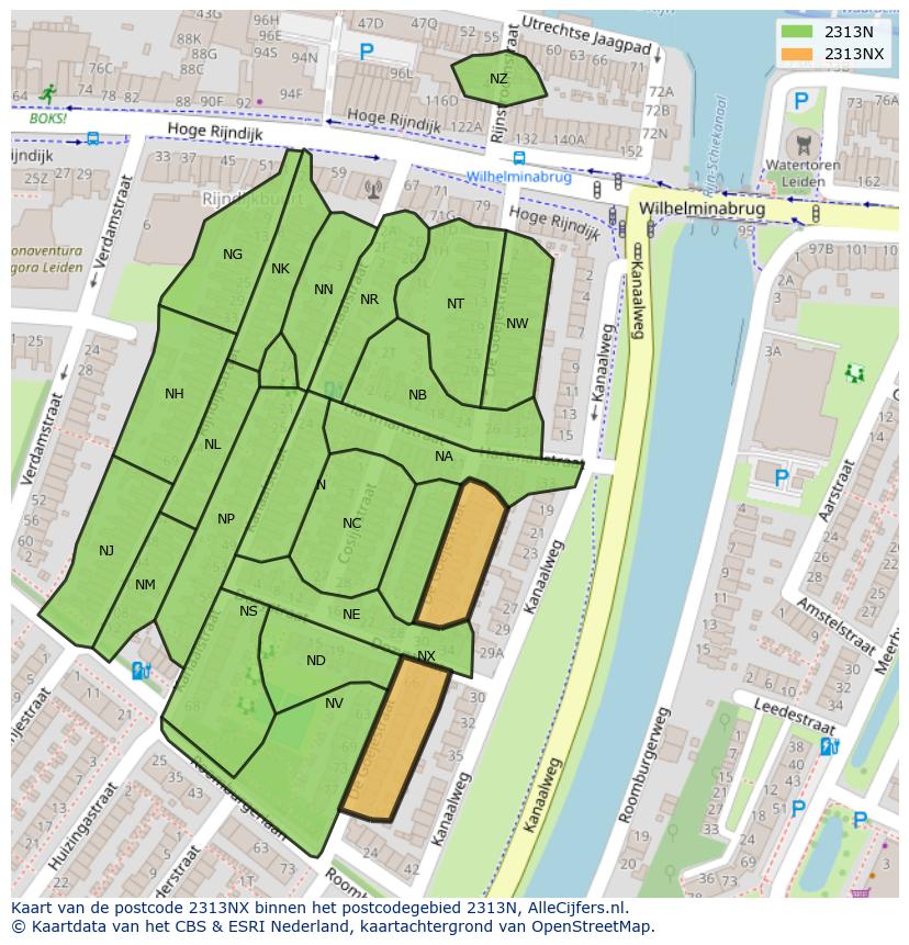 Afbeelding van het postcodegebied 2313 NX op de kaart.