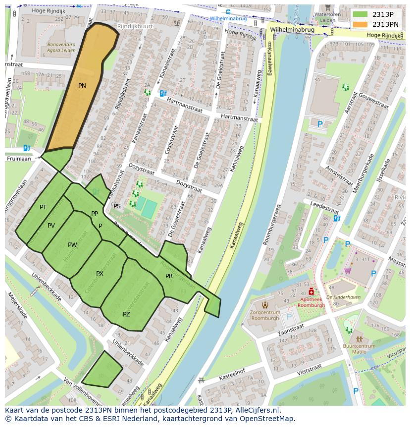 Afbeelding van het postcodegebied 2313 PN op de kaart.