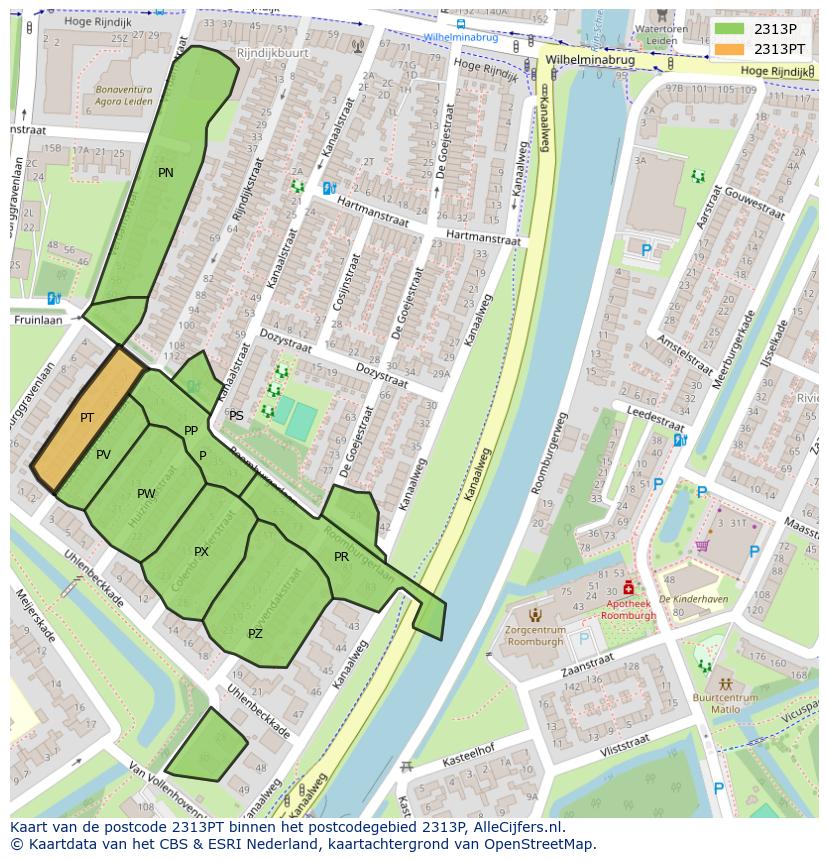 Afbeelding van het postcodegebied 2313 PT op de kaart.