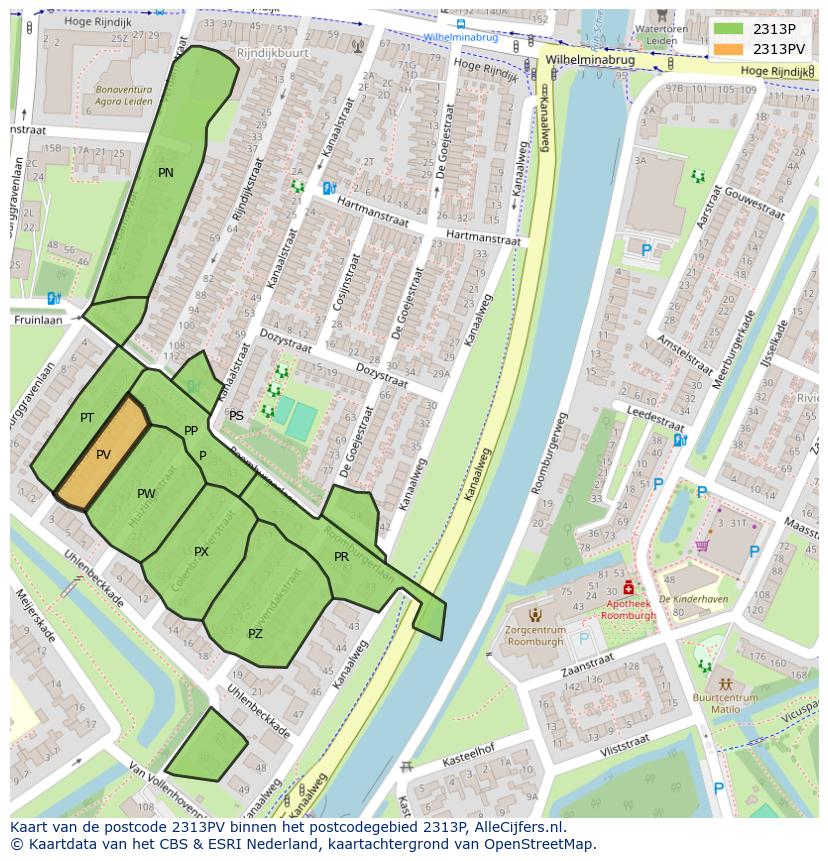 Afbeelding van het postcodegebied 2313 PV op de kaart.
