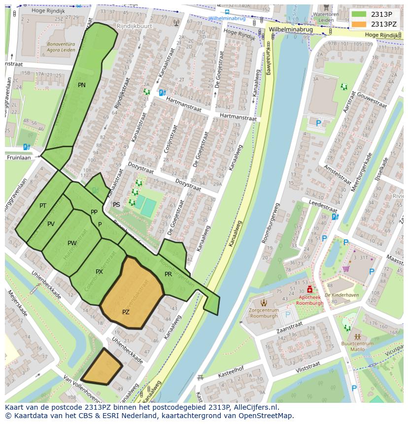 Afbeelding van het postcodegebied 2313 PZ op de kaart.