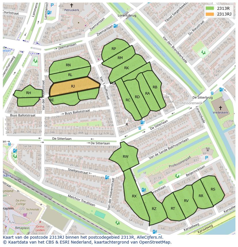 Afbeelding van het postcodegebied 2313 RJ op de kaart.