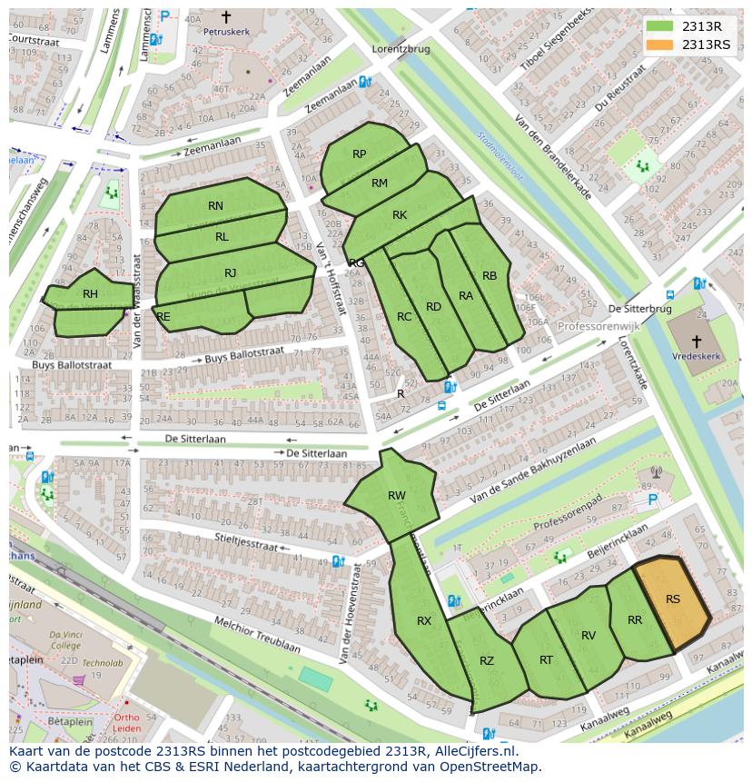 Afbeelding van het postcodegebied 2313 RS op de kaart.