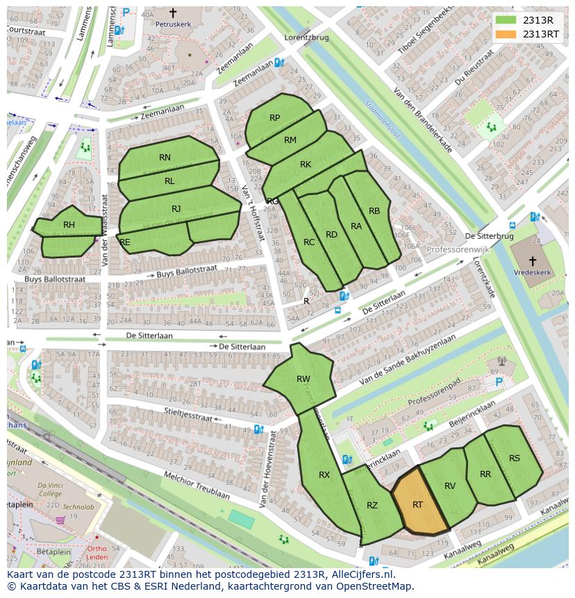 Afbeelding van het postcodegebied 2313 RT op de kaart.