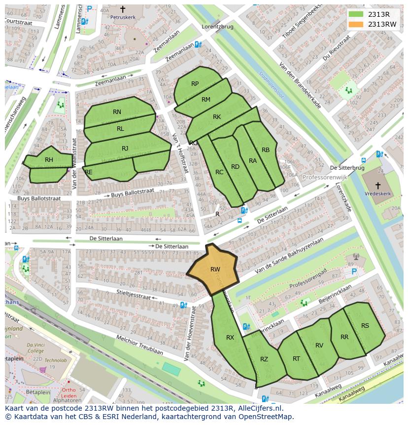 Afbeelding van het postcodegebied 2313 RW op de kaart.