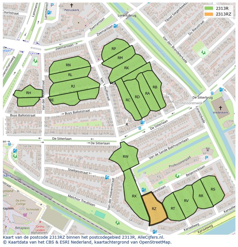 Afbeelding van het postcodegebied 2313 RZ op de kaart.