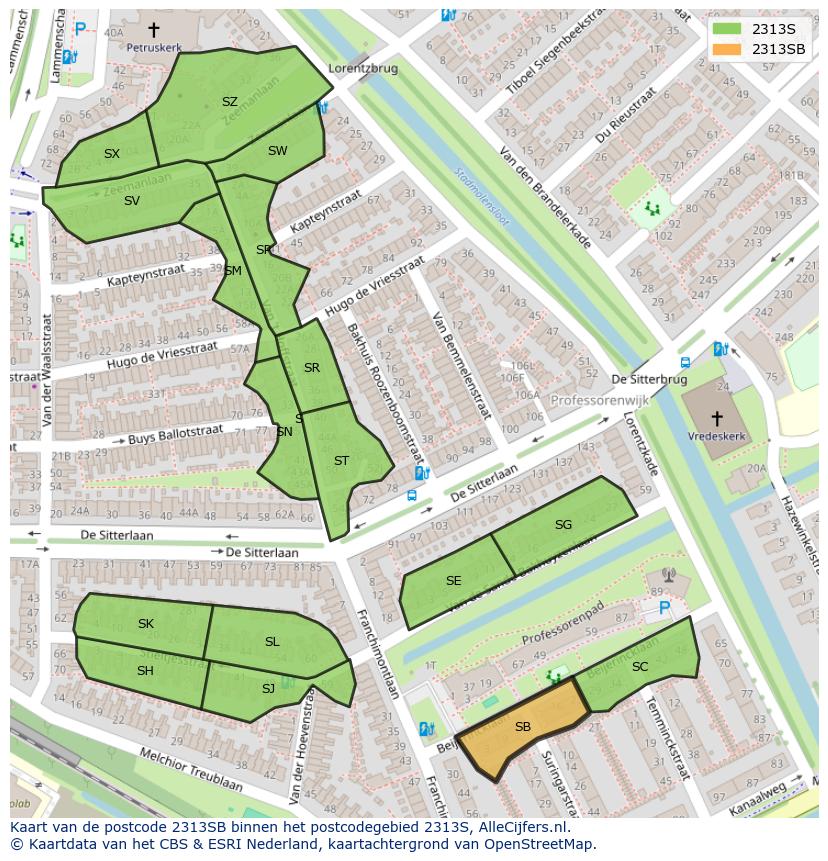 Afbeelding van het postcodegebied 2313 SB op de kaart.
