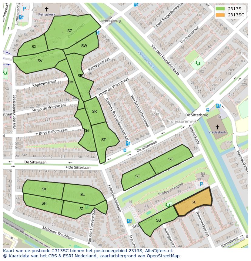 Afbeelding van het postcodegebied 2313 SC op de kaart.