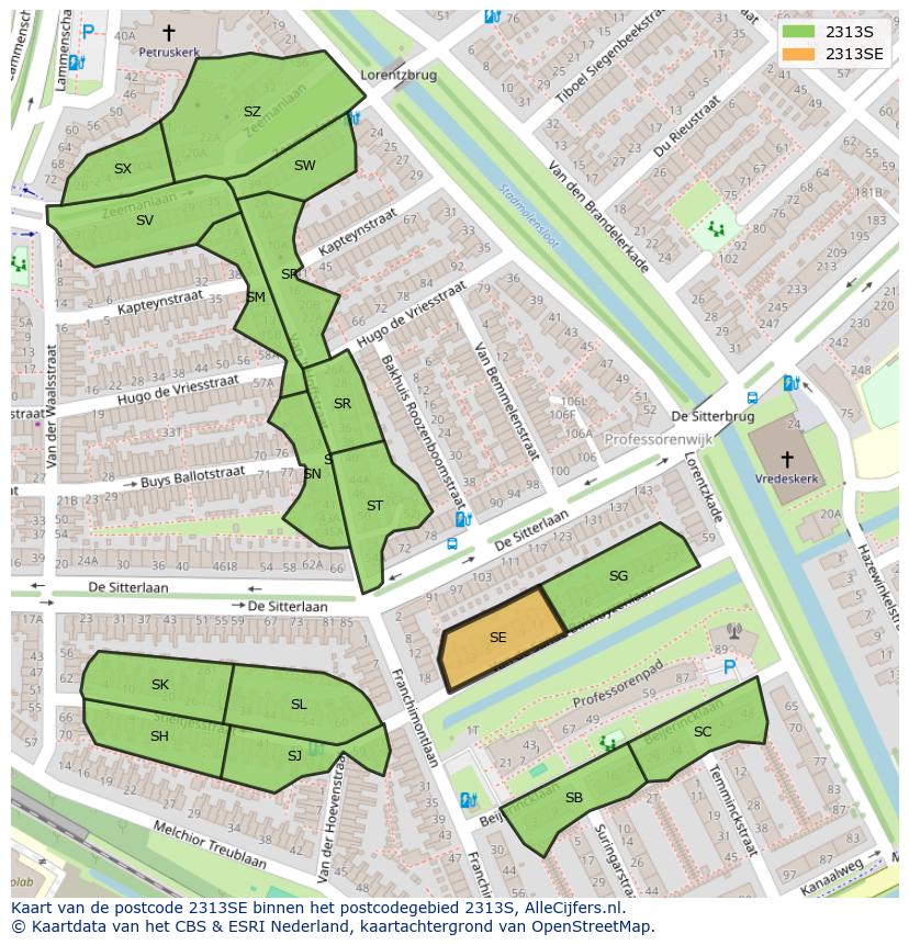 Afbeelding van het postcodegebied 2313 SE op de kaart.
