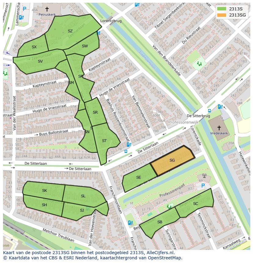 Afbeelding van het postcodegebied 2313 SG op de kaart.