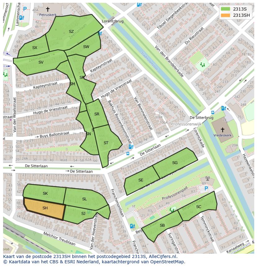 Afbeelding van het postcodegebied 2313 SH op de kaart.