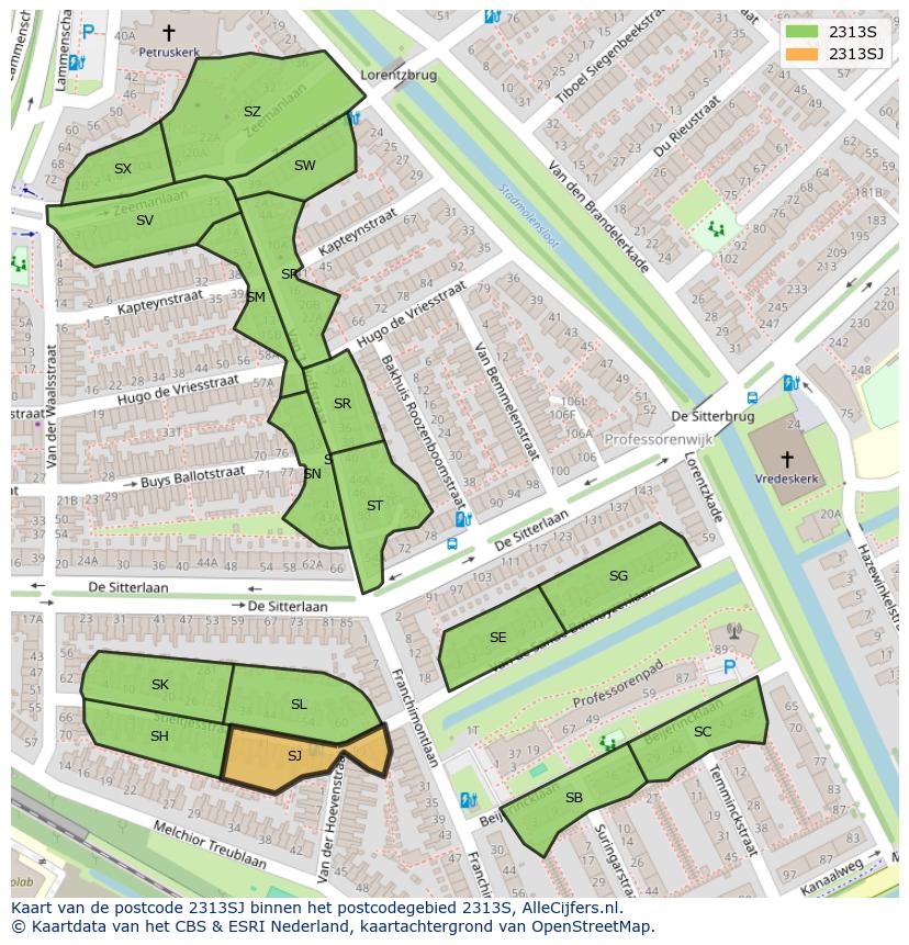 Afbeelding van het postcodegebied 2313 SJ op de kaart.