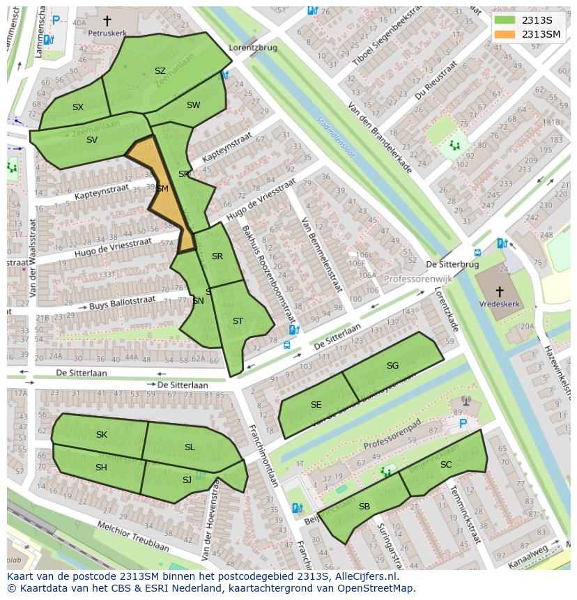 Afbeelding van het postcodegebied 2313 SM op de kaart.