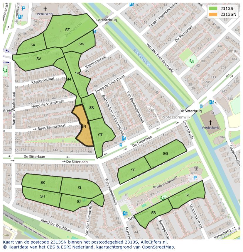Afbeelding van het postcodegebied 2313 SN op de kaart.