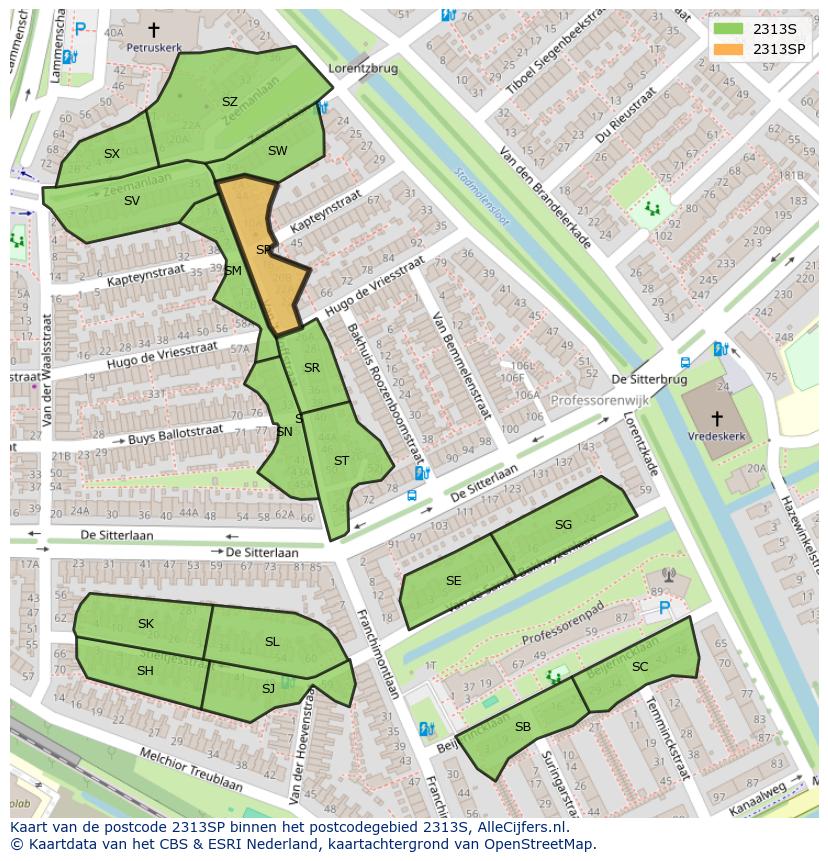Afbeelding van het postcodegebied 2313 SP op de kaart.