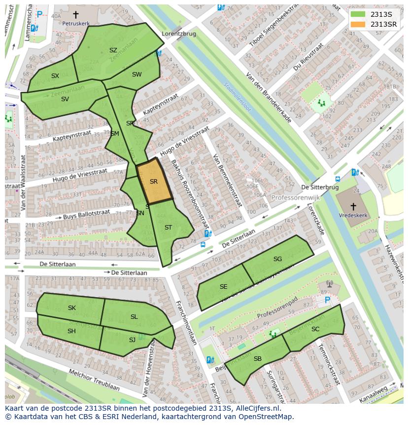 Afbeelding van het postcodegebied 2313 SR op de kaart.