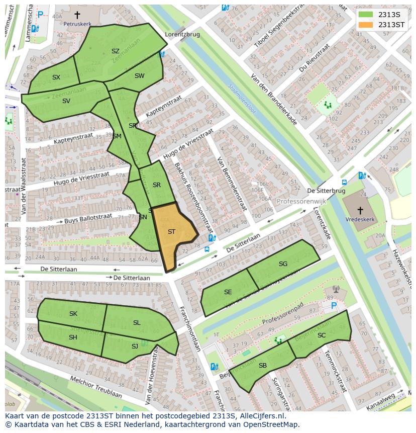 Afbeelding van het postcodegebied 2313 ST op de kaart.