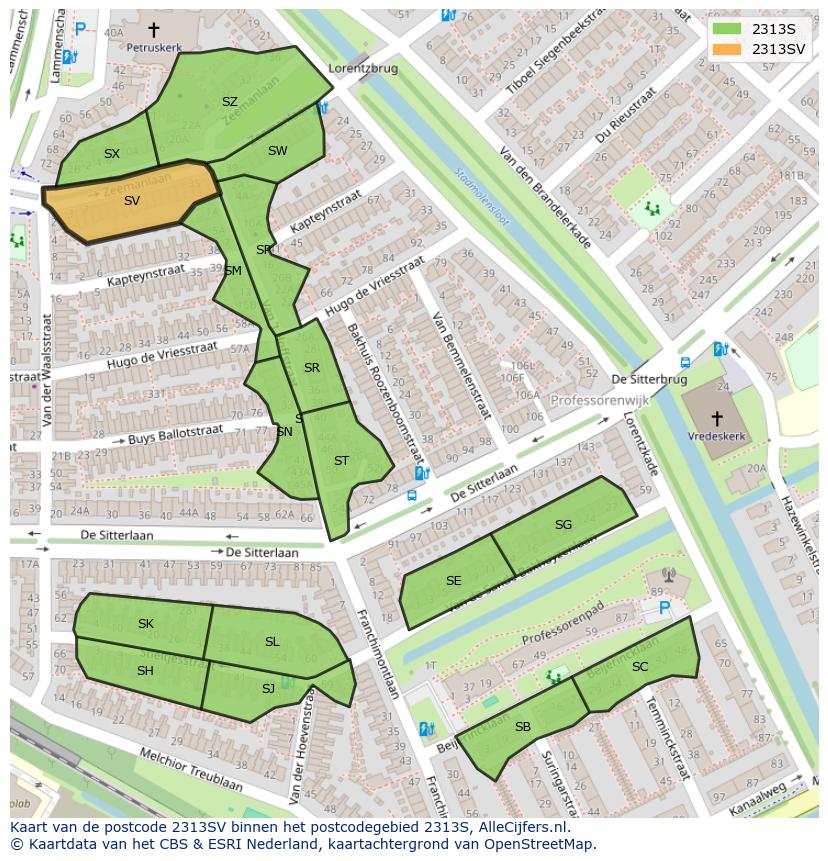 Afbeelding van het postcodegebied 2313 SV op de kaart.