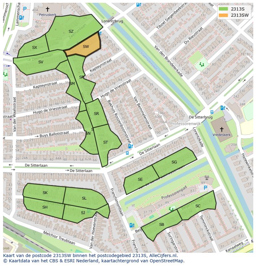 Afbeelding van het postcodegebied 2313 SW op de kaart.